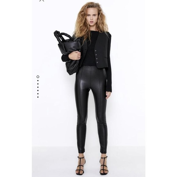 ZARA Faux Leather Skinny Pants High Waist Pleated Ankle Zip Leggings, Black - Picture 13 of 13
